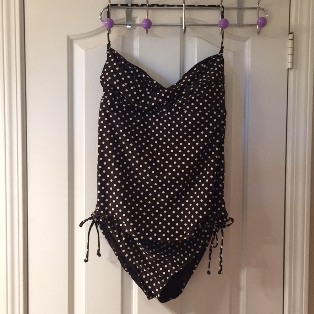 Dark brown and white polka dot, tankini swimsuit